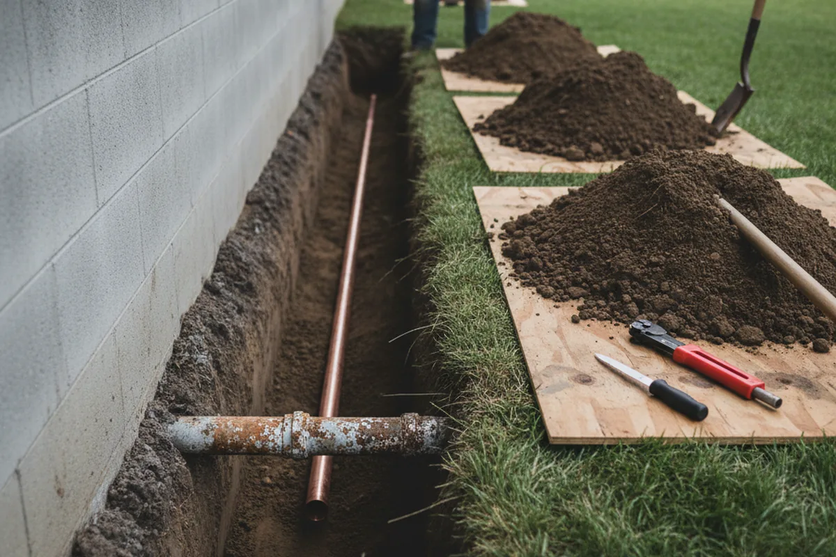 Excavated water line trench during Sewer Line Repair in Harper